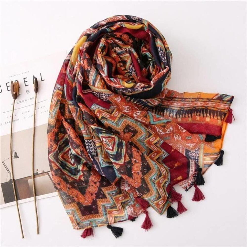 2/$30 NEW Boho Tassel Scarf Fall Red Orange Printed